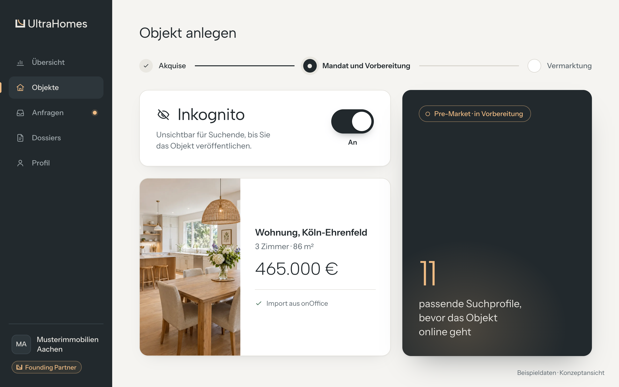 Objekt inkognito anlegen mit Vorschau der passenden Suchprofile
